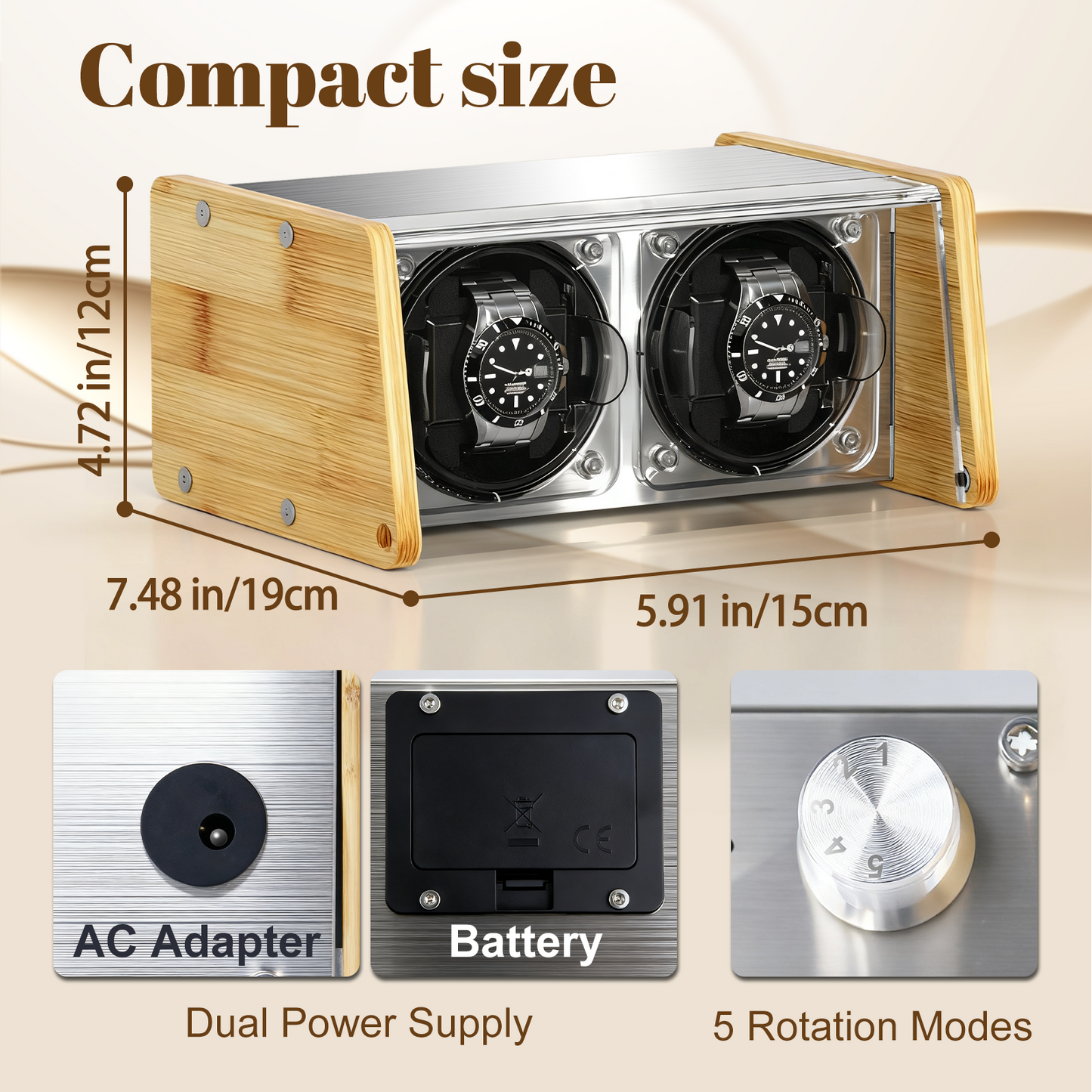 Watch Winder Smith Bamboo Watch Winder 2,with Timer and Downward Lid Design, Fits Standard to Large Size Watches