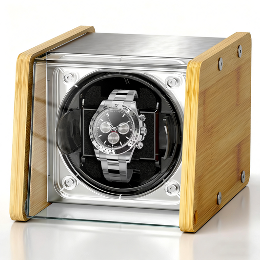 Watch Winder Smith Bamboo Single Watch Winder for Automatic Watches, with Timer and Downward Lid Design, Fits Standard to Large Size Watch
