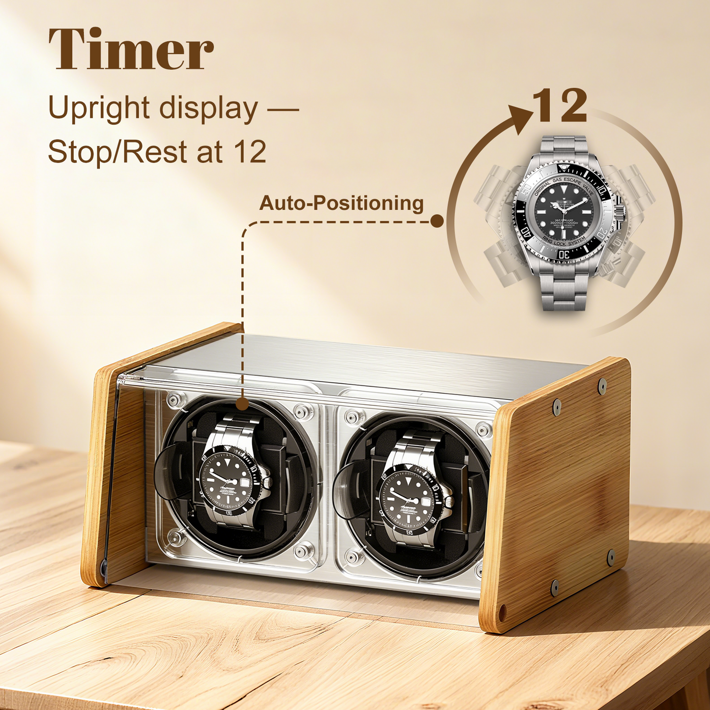 Watch Winder Smith Bamboo Watch Winder 2，with Timer and Downward Lid Design, Fits Standard to Large Size Watches