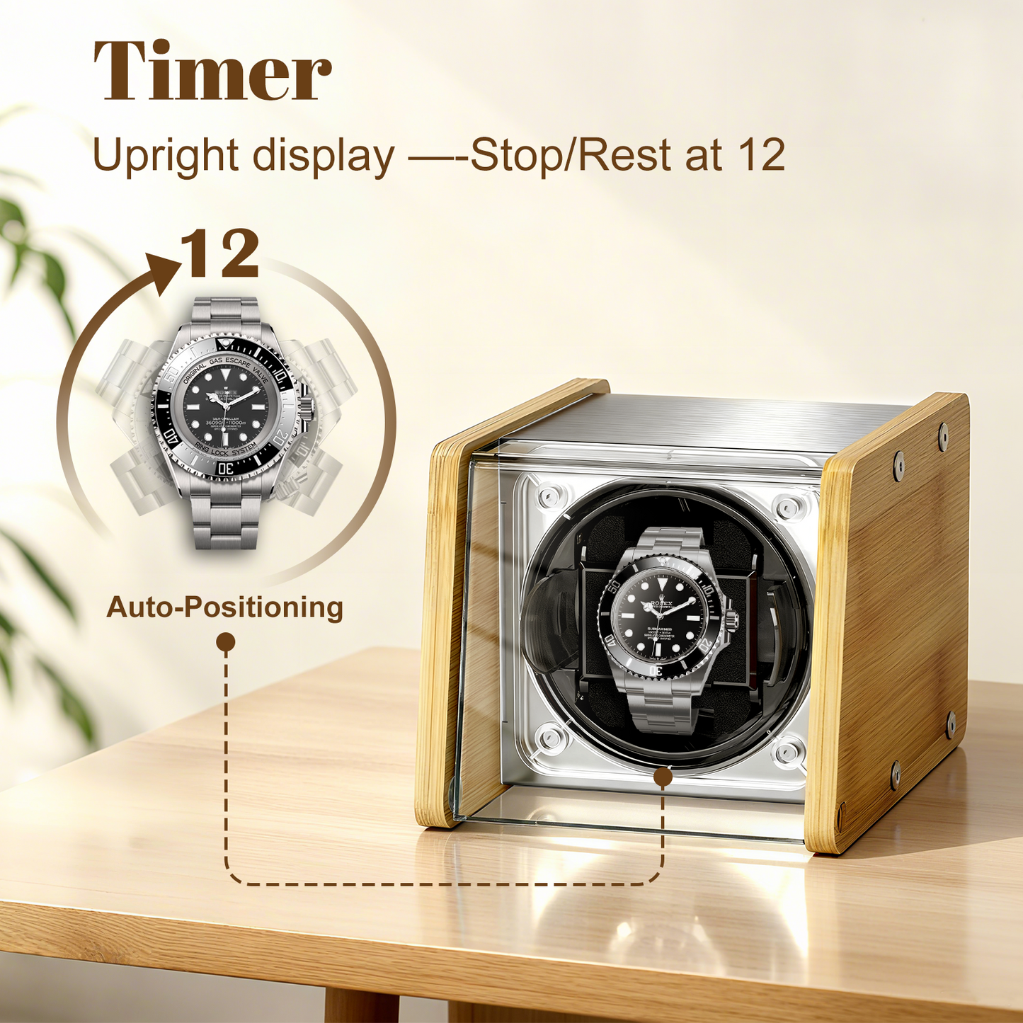 Watch Winder Smith Bamboo Single Watch Winder for Automatic Watches, with Timer and Downward Lid Design, Fits Standard to Large Size Watch