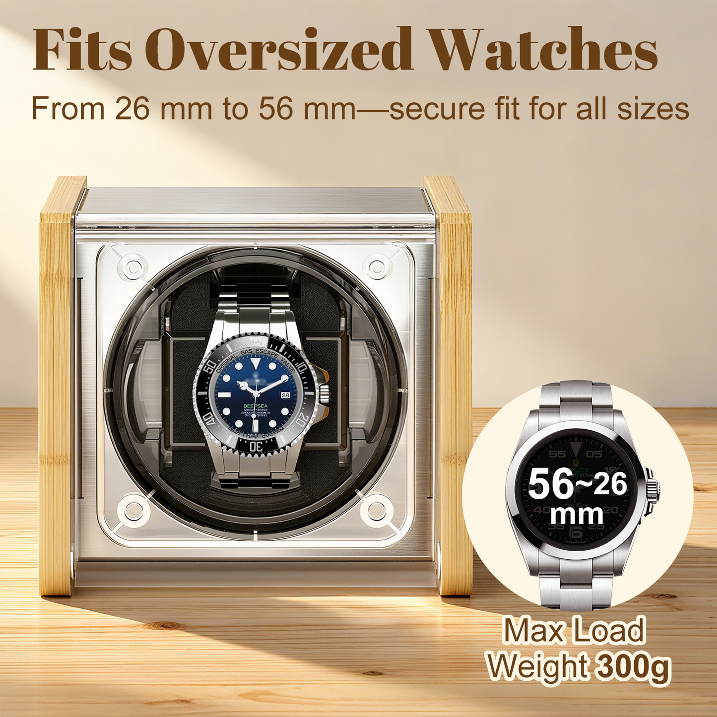 Watch Winder Smith Bamboo Single Watch Winder for Automatic Watches, with Timer and Downward Lid Design, Fits Standard to Large Size Watch