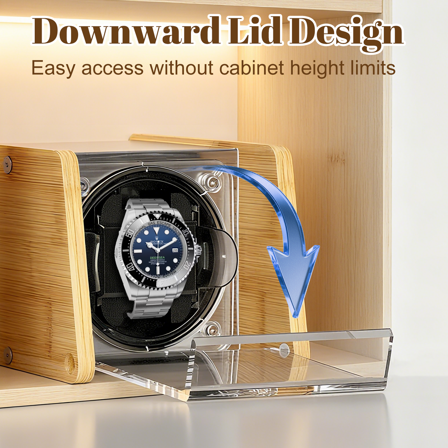 Watch Winder Smith Bamboo Single Watch Winder for Automatic Watches, with Timer and Downward Lid Design, Fits Standard to Large Size Watch