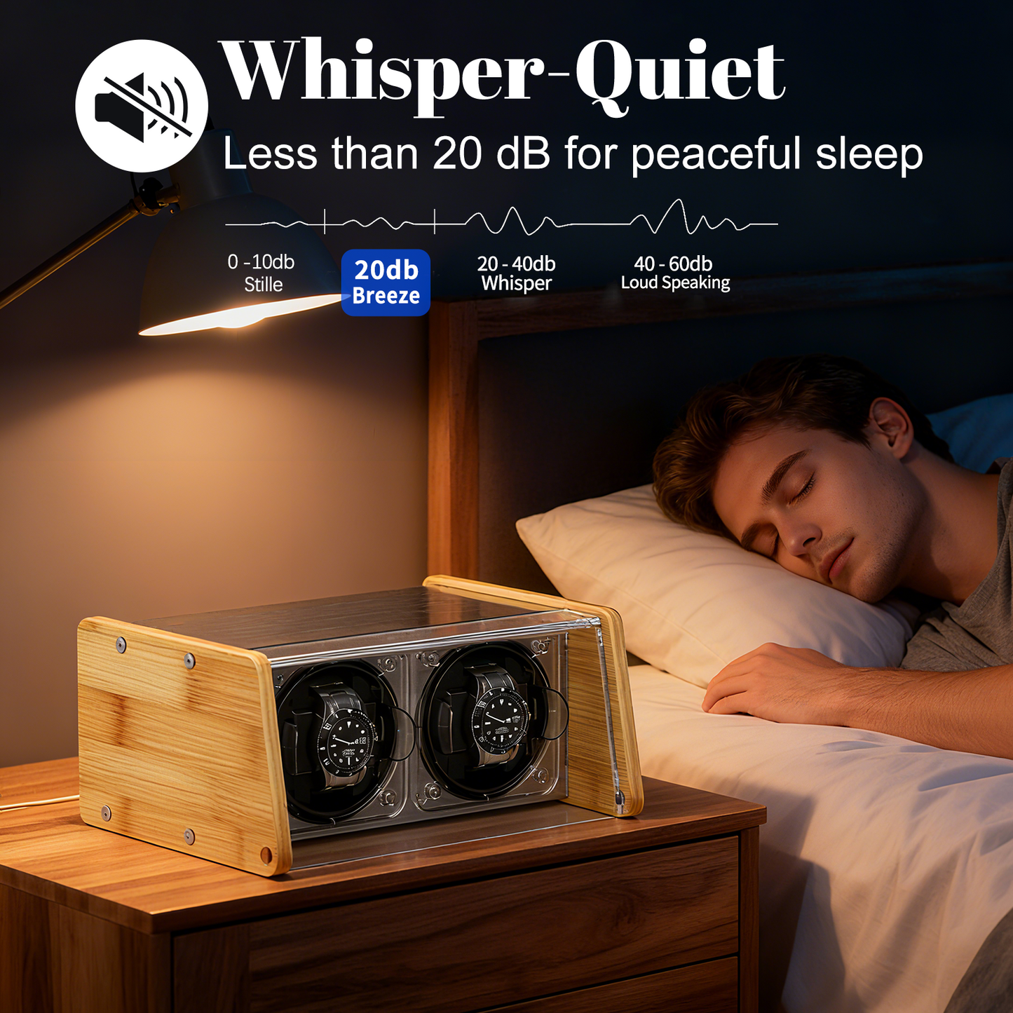 Watch Winder Smith Bamboo Watch Winder 2，with Timer and Downward Lid Design, Fits Standard to Large Size Watches