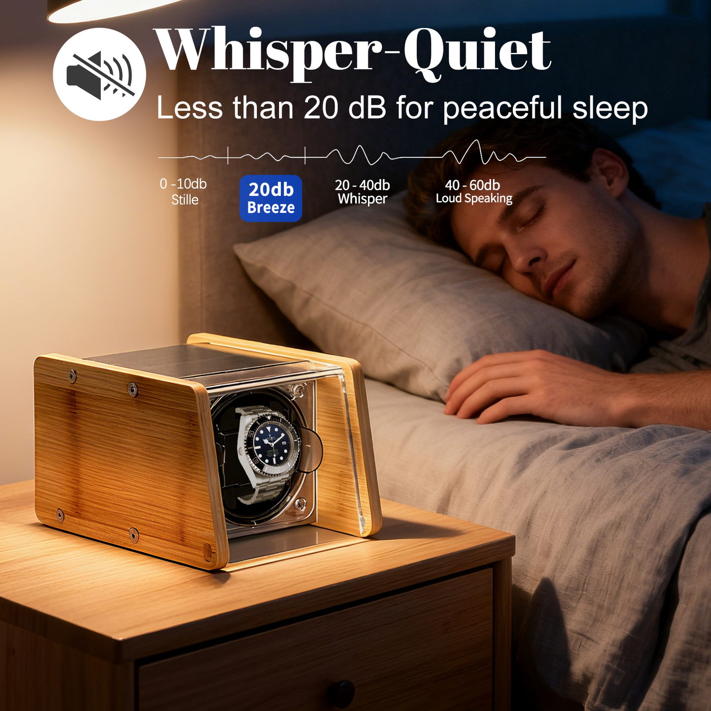 Watch Winder Smith Bamboo Single Watch Winder for Automatic Watches, with Timer and Downward Lid Design, Fits Standard to Large Size Watch