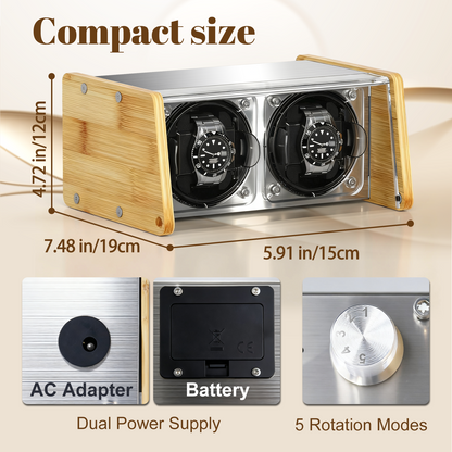 Watch Winder Smith Bamboo Watch Winder 2，with Timer and Downward Lid Design, Fits Standard to Large Size Watches