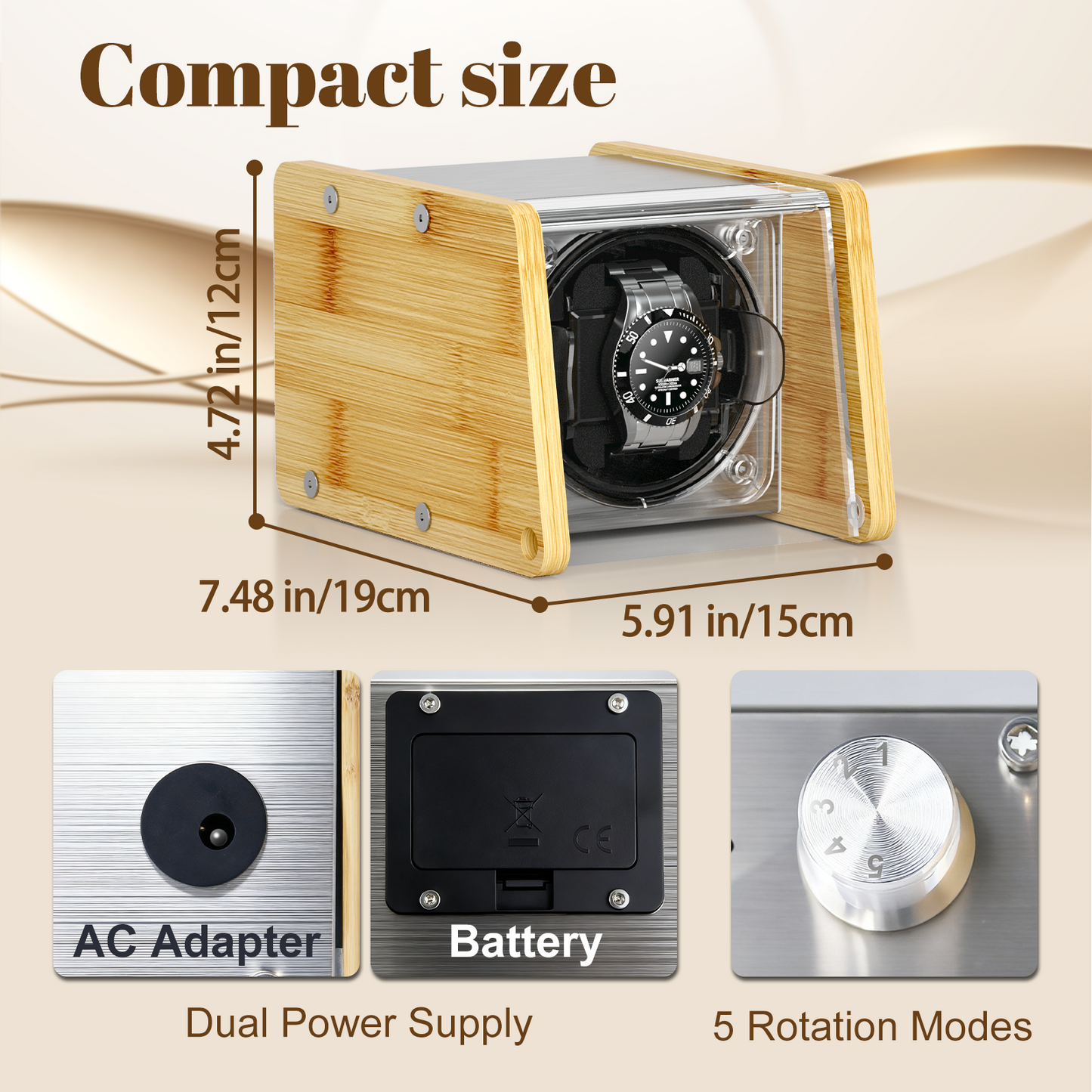 Watch Winder Smith Bamboo Single Watch Winder for Automatic Watches, with Timer and Downward Lid Design, Fits Standard to Large Size Watch