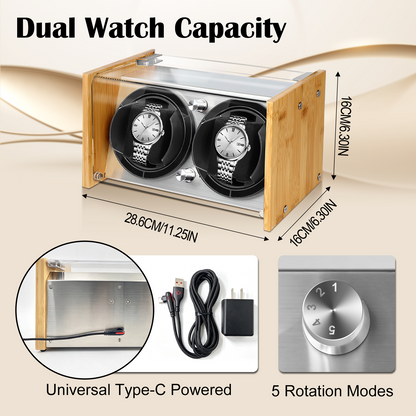 Watch Winder Smith Bamboo Watch Winder for 2 Large to Small Automatic Watches